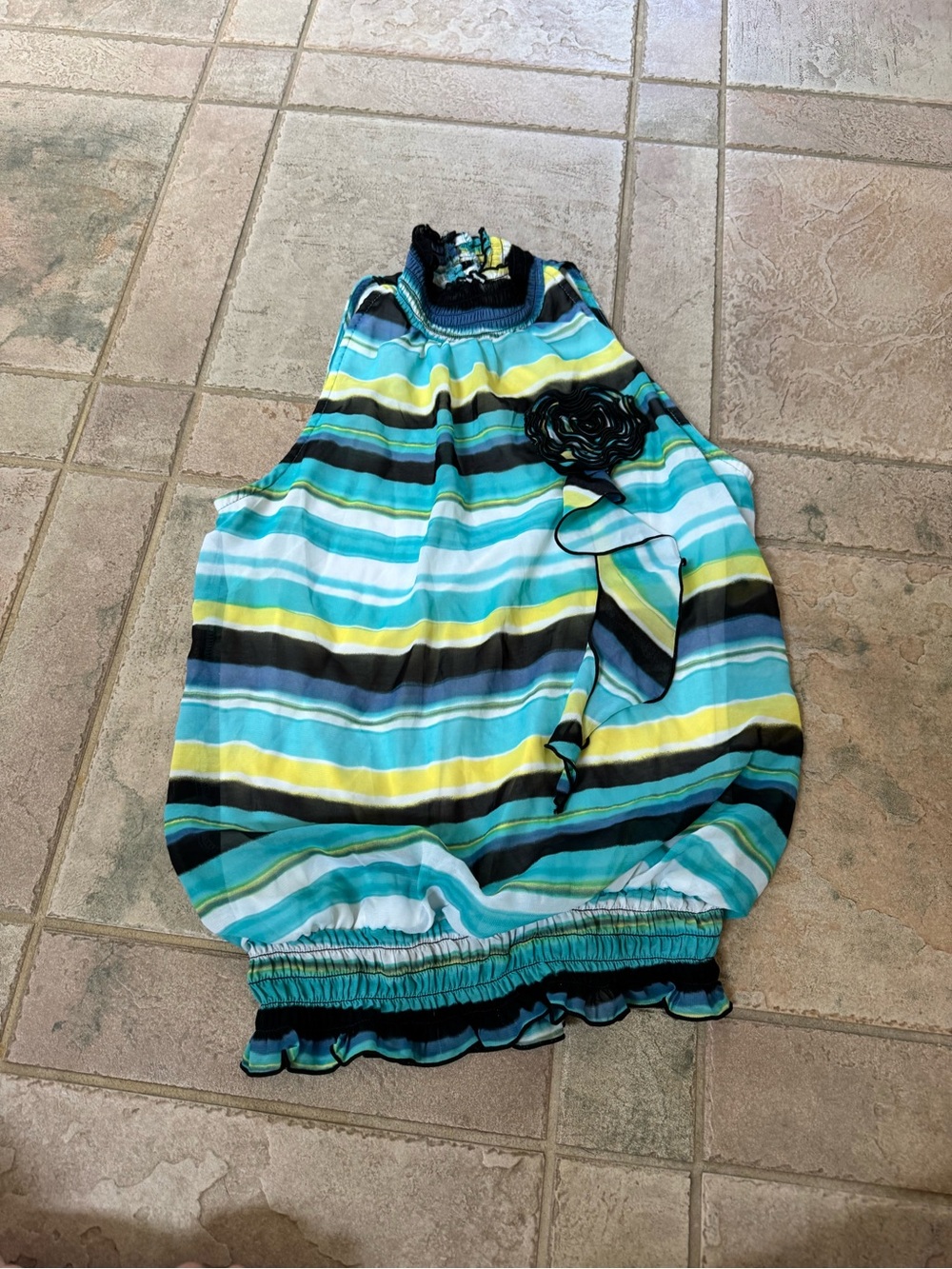 Striped Halter Blouse with rosette - Teal, Aqua & Yellow